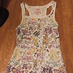 Small Pink graffiti print white racerback tank